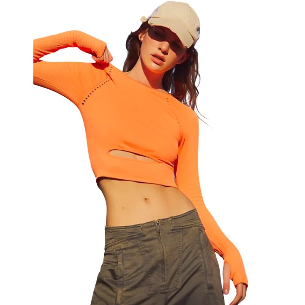 Free People Movement Cut It Out Long Sleeved Top Size XS/S Neon Orange Ribbed